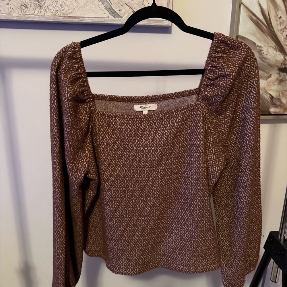 Madewell Brown Diamond-Print Square-Neck Long Sleeve Top